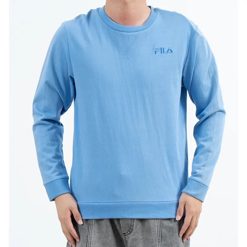 Blaues Sweatshirt mit Rundhalsausschnitt, farblich abgestimmtem Logo auf der Brust und geripptem Saum