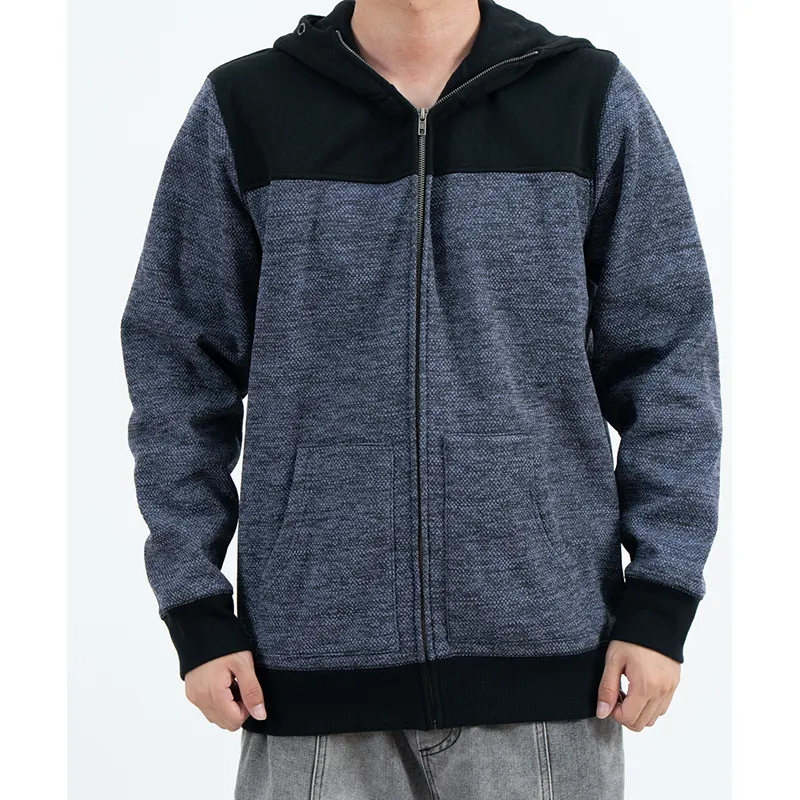 Blaugrauer Kapuzenpullover mit Reißverschluss und schwarzen Schultereinsätzen