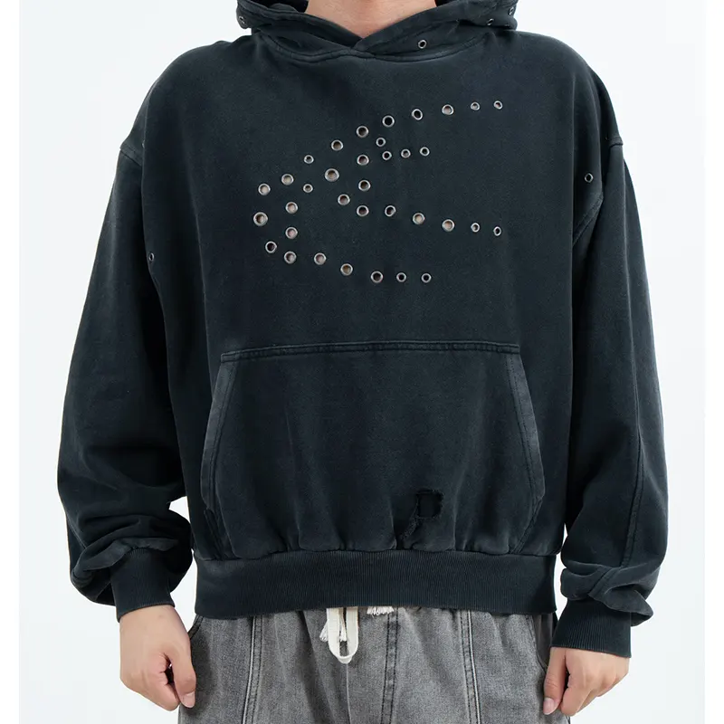 Kurzer Pullover-Hoodie mit Ösenmotiv und Distressed-Taschendetail
