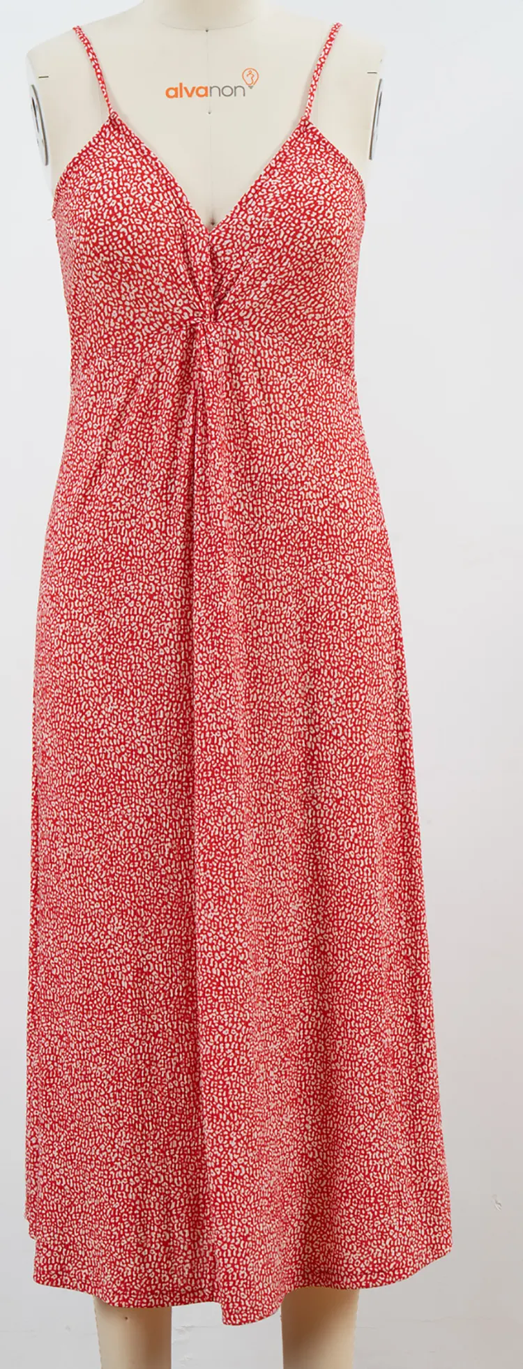 Red Printed Midi Slip Dress with Twist-Front Detail