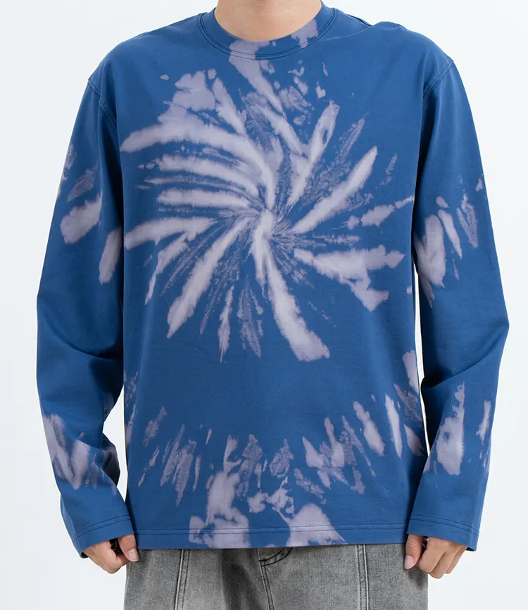 Blue Long Sleeve T-Shirt with Spiral Tie-Dye Effect