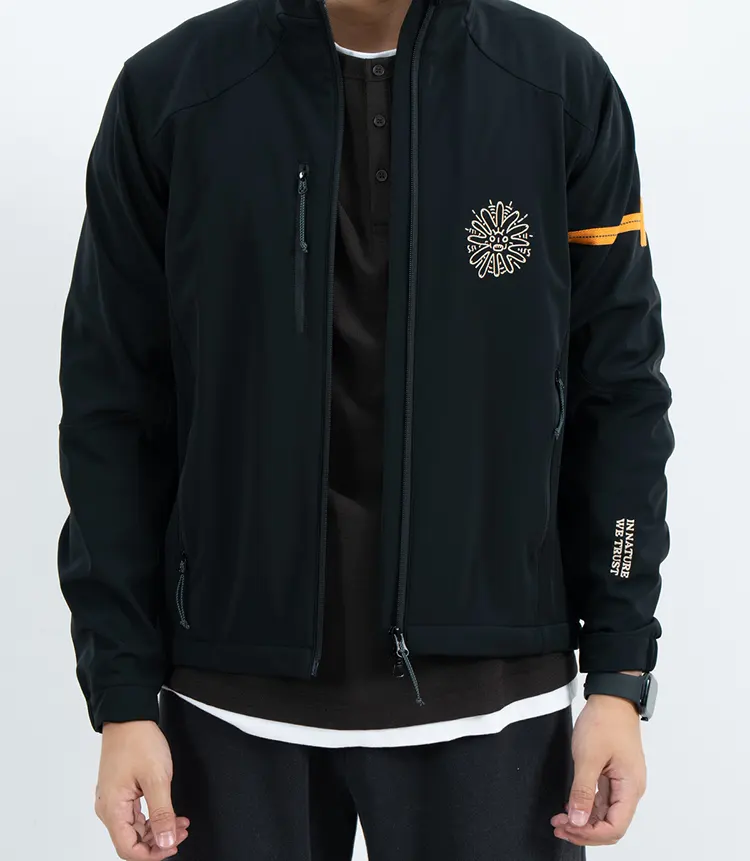 Black Stand Collar Outdoor Hardshell Jacket with Contrast Sleeve Stripe