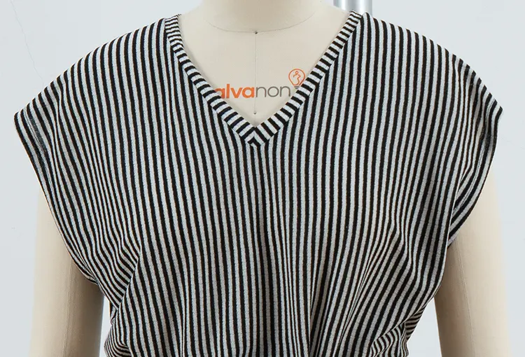 Vertical Stripe V-Neck Midi Dress with Extended Shoulders and Cord Belt