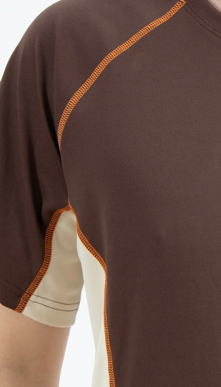 Brown Breathable Raglan T-Shirt with Cream Side Panels and Orange Seam Lines