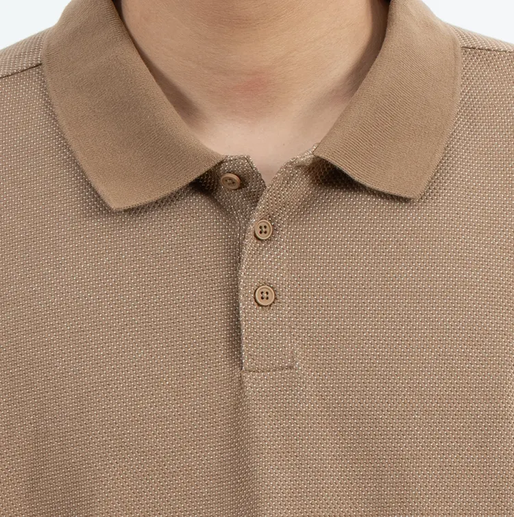 Textured Brown Short Sleeve Polo Shirt with Three-Button Placket