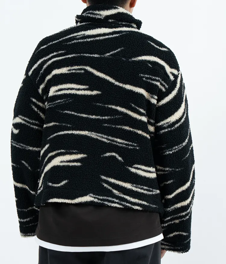Stand Collar Fleece Jacket with Black and Cream Abstract Stripes