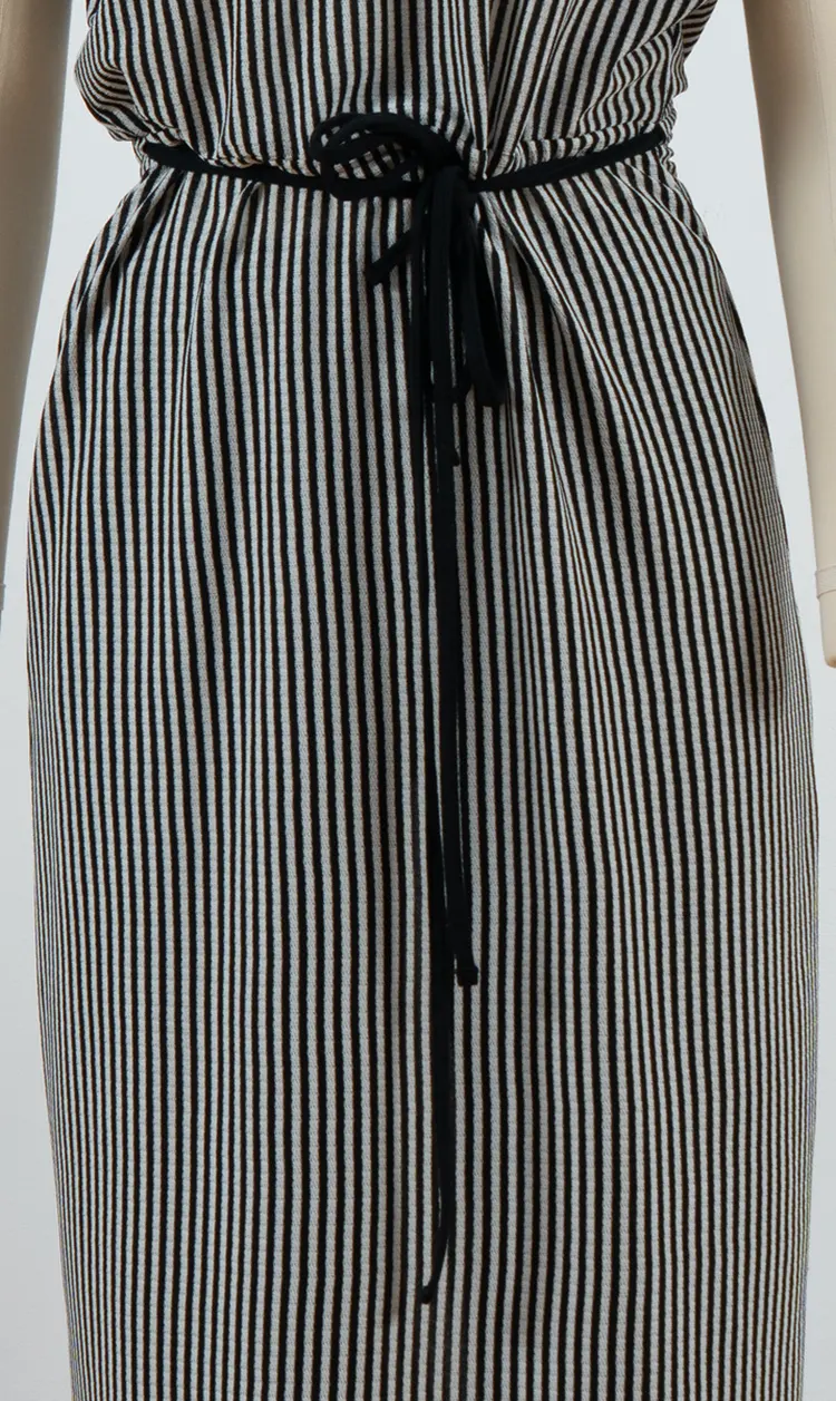 Vertical Stripe V-Neck Midi Dress with Extended Shoulders and Cord Belt
