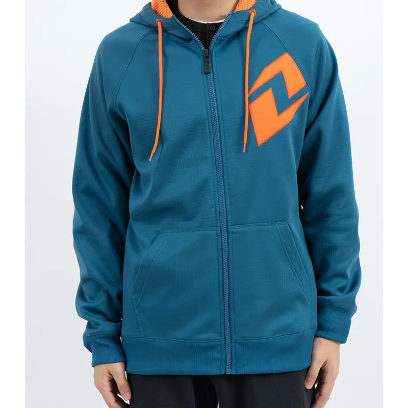 Blaugrüner Raglan-Kapuzenpullover mit Reißverschluss, orangefarbener Grafik auf der Brust und Kordelzug
